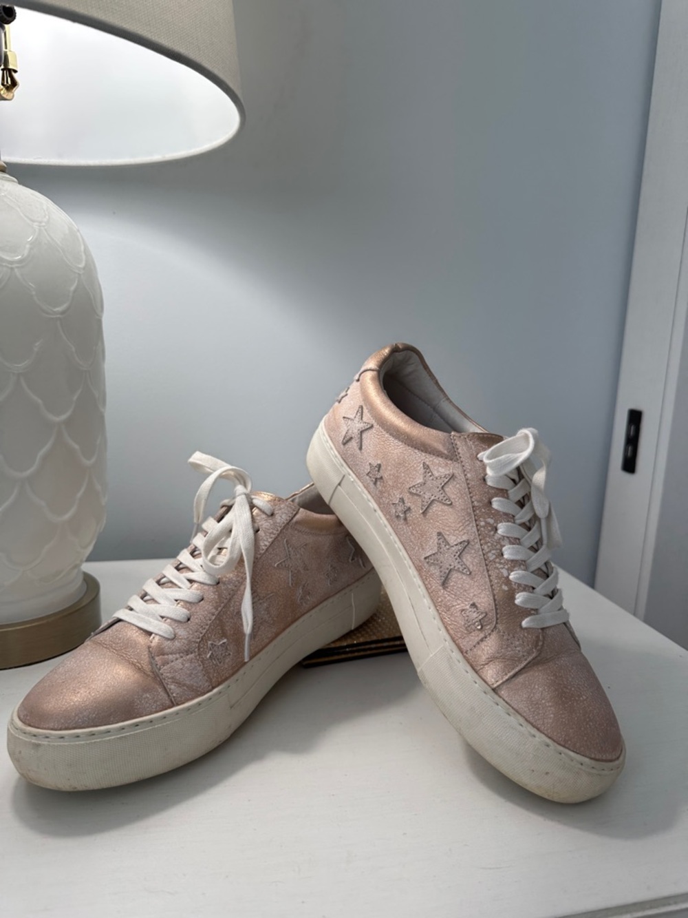 J/Slides Women's Metallic Pink Star leather Embroidered Casual Sneakers